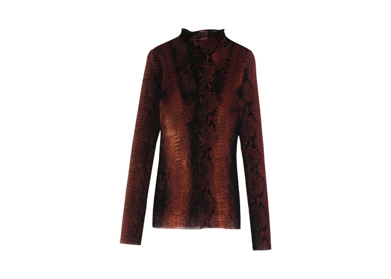 Jean Paul Gaultier Printed "Python" Mesh High Neck Long Sleeves Top Brown Black